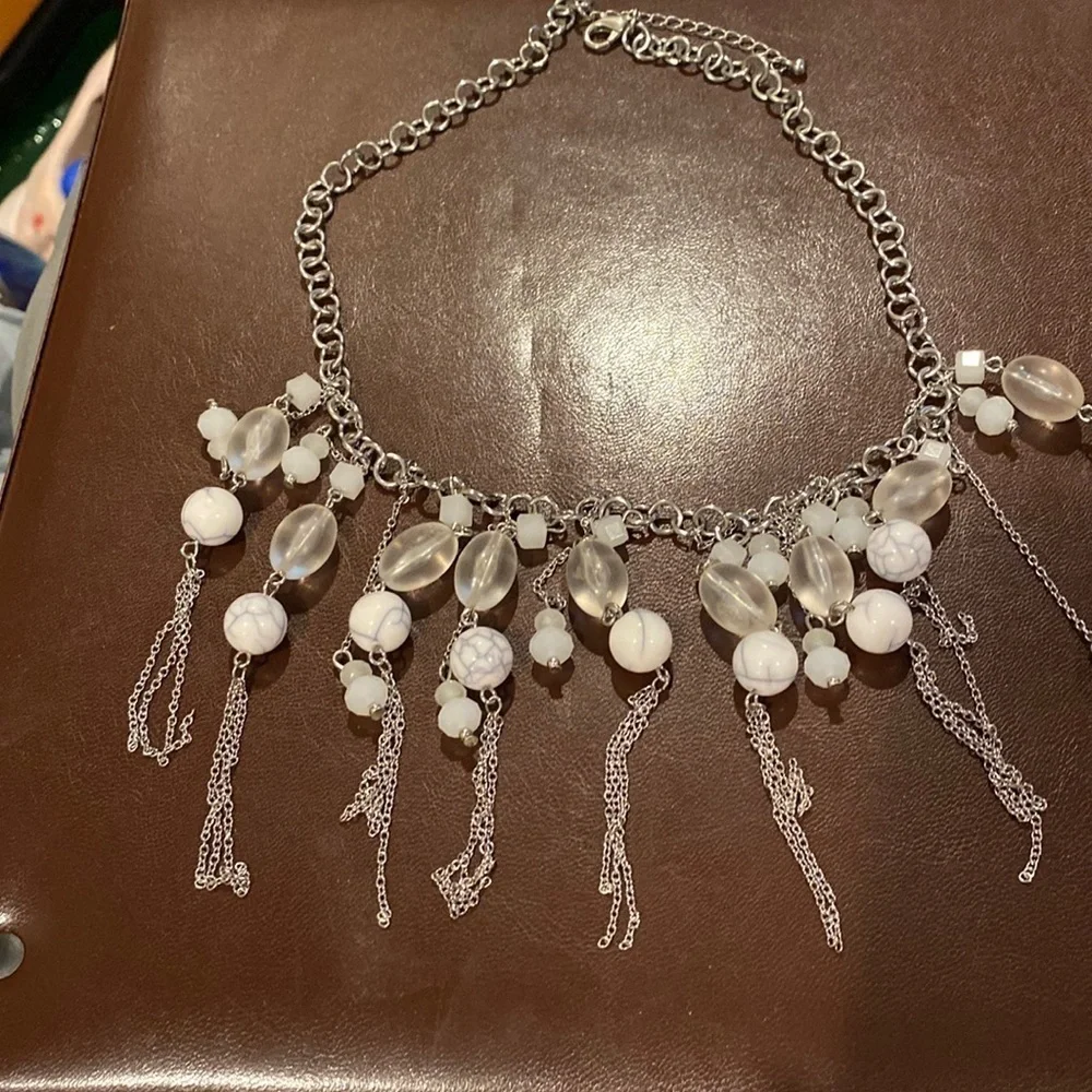 SILVER necklace with tassels and beads.